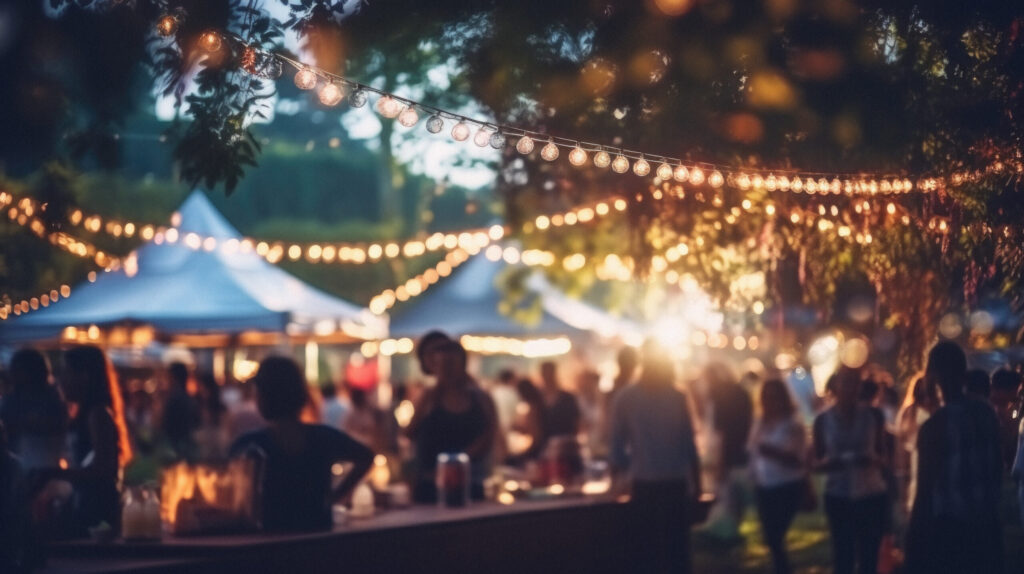 Blurred image of people at outdoor festival with bokeh lights.