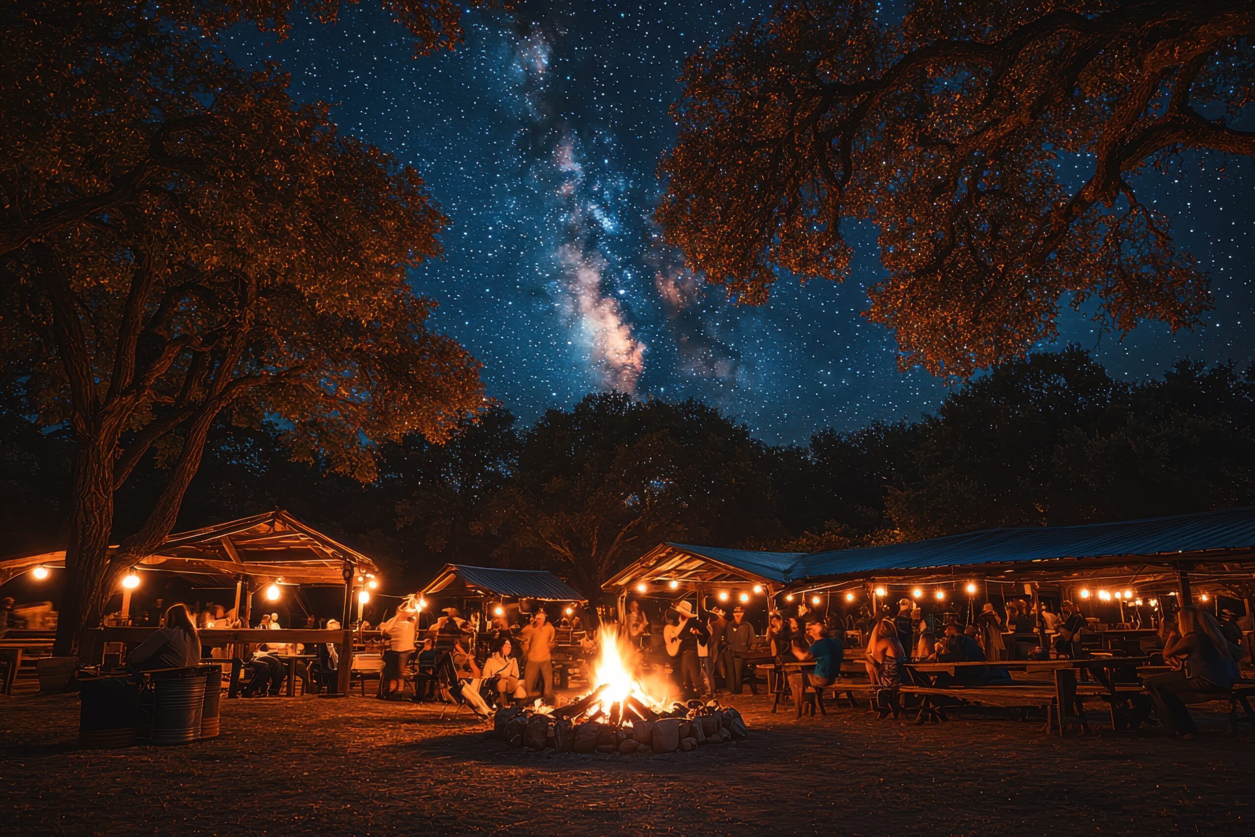 Outdoor gathering around a campfire under starry sky
